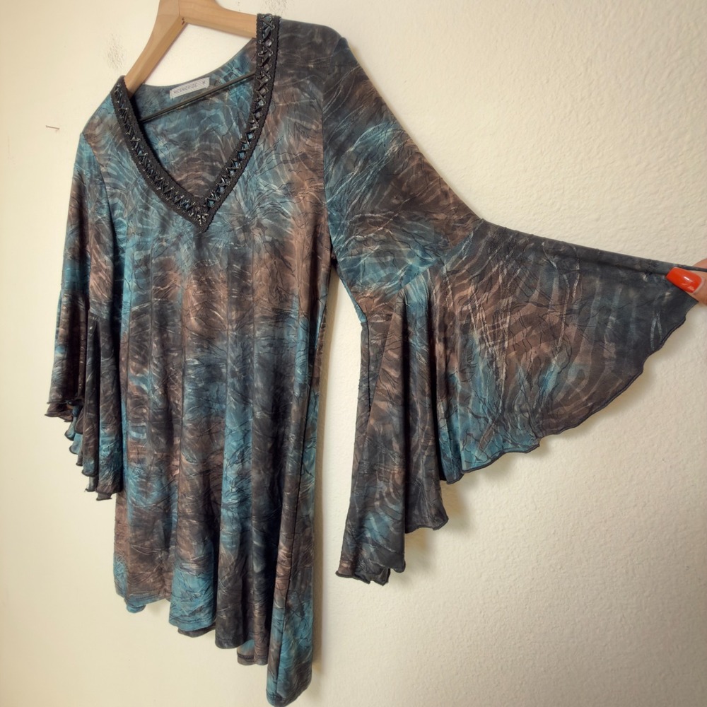 VTG 90s Mesmerize Forest Fairy Top Medium Teal Chocolate Brown Flare Boho Wester